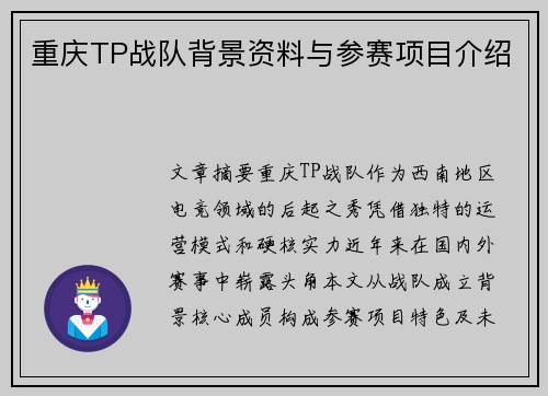 重庆TP战队背景资料与参赛项目介绍
