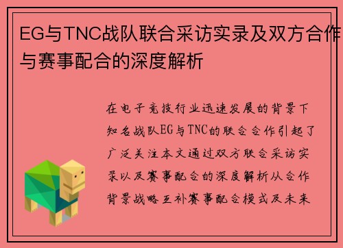 EG与TNC战队联合采访实录及双方合作与赛事配合的深度解析